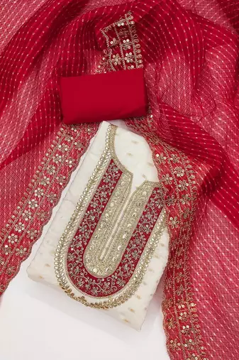 Ethnic Motifs Embroidered Sequinned Chanderi Butti Silk Unstitched Dress Material