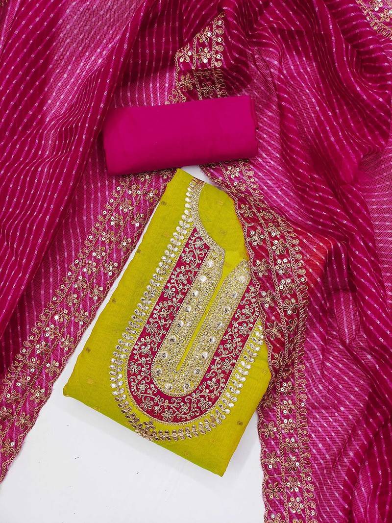 Ethnic Motifs Embroidered Sequinned Chanderi Butti Silk Unstitched Dress Material
