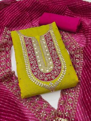 Ethnic Motifs Embroidered Sequinned Chanderi Butti Silk Unstitched Dress Material 2