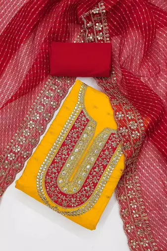 Ethnic Motifs Embroidered Sequinned Chanderi Butti Silk Unstitched Dress Material