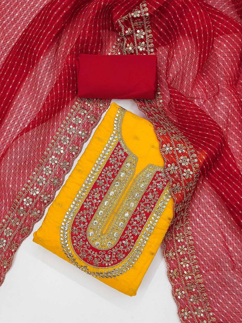 Ethnic Motifs Embroidered Sequinned Chanderi Butti Silk Unstitched Dress Material