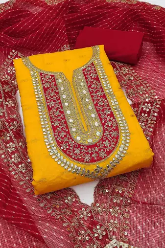 Ethnic Motifs Embroidered Sequinned Chanderi Butti Silk Unstitched Dress Material