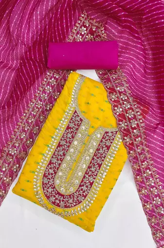 Ethnic Motifs Embroidered Sequinned Chanderi Butti Silk Unstitched Dress Material