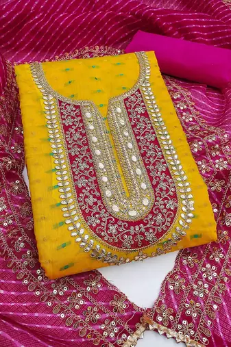 Ethnic Motifs Embroidered Sequinned Chanderi Butti Silk Unstitched Dress Material