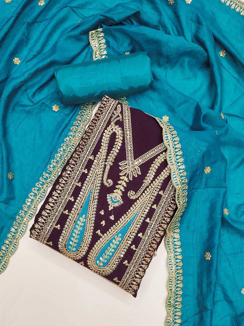 Paisley Embroidered Sequinned Silk Unstitched Dress Material
