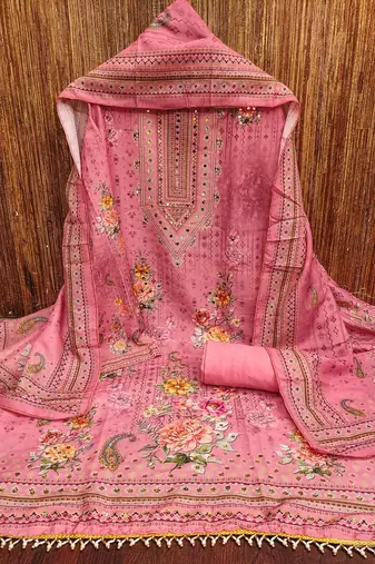 Floral Printed Mirror Work Unstitched Dress Material