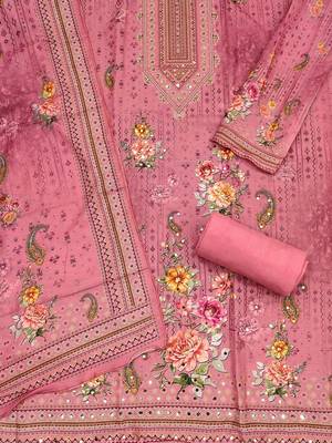 Floral Printed Mirror Work Unstitched Dress Material 3