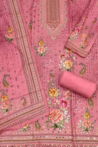 Floral Printed Mirror Work Unstitched Dress Material