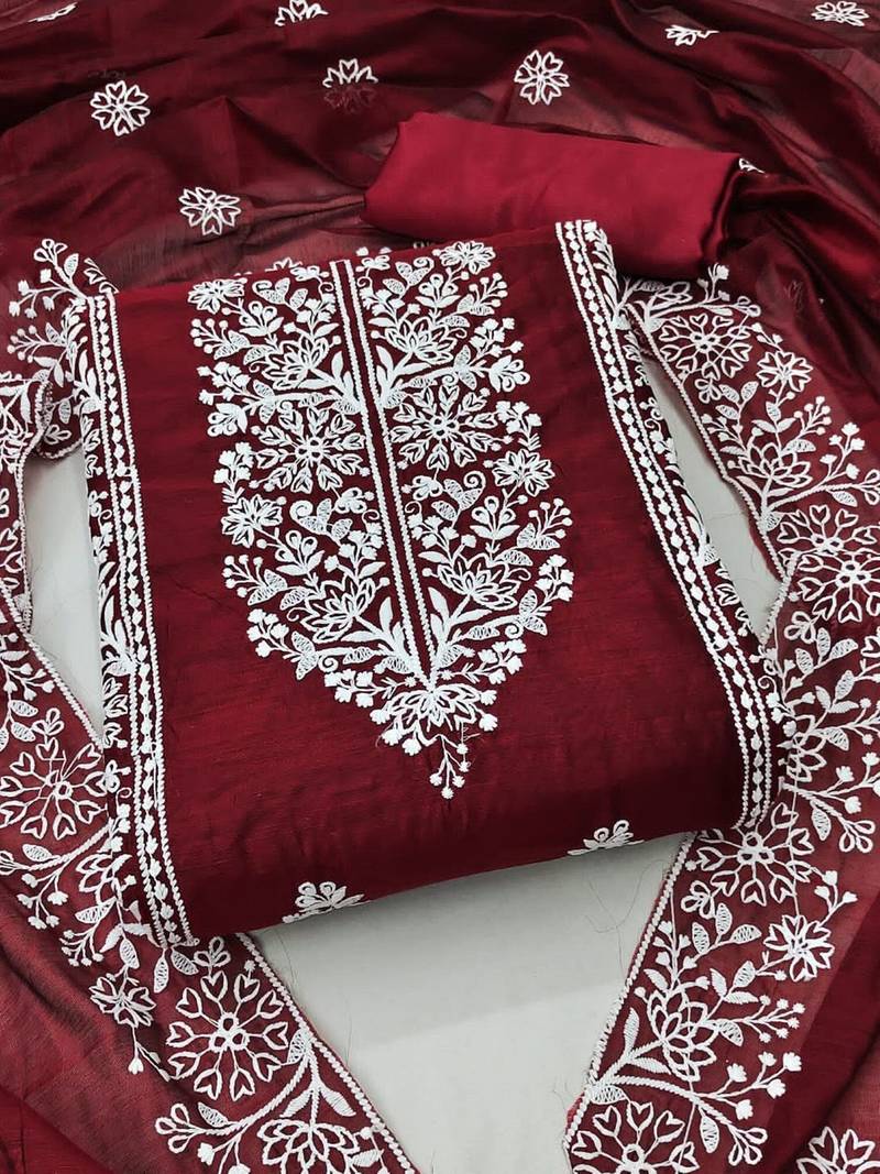Embroidered Art Silk Unstitched Dress Material
