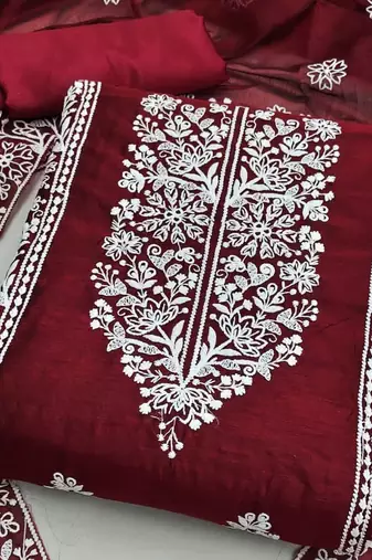 Embroidered Art Silk Unstitched Dress Material