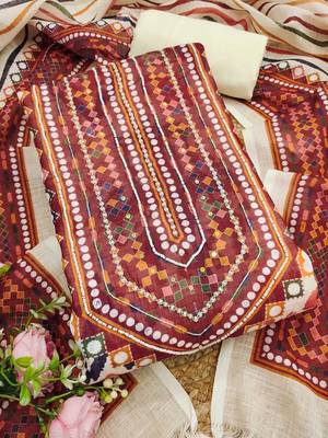 embellished linen semi-stitched dress material 1
