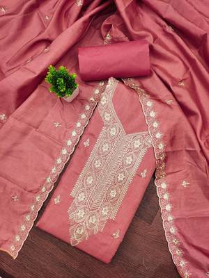 Women Peach Chanderi Cotton Embroidery Unstitched Dress Material 1