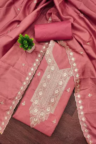 Women Peach Chanderi Cotton Embroidery Unstitched Dress Material