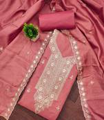 Women Peach Chanderi Cotton Embroidery Unstitched Dress Material