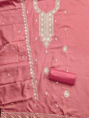 Women Peach Chanderi Cotton Embroidery Unstitched Dress Material 2