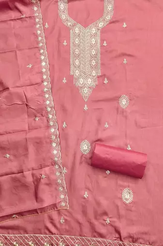 Women Peach Chanderi Cotton Embroidery Unstitched Dress Material