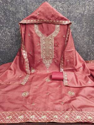 Women Peach Chanderi Cotton Embroidery Unstitched Dress Material 3