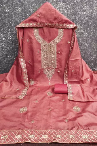 Women Peach Chanderi Cotton Embroidery Unstitched Dress Material