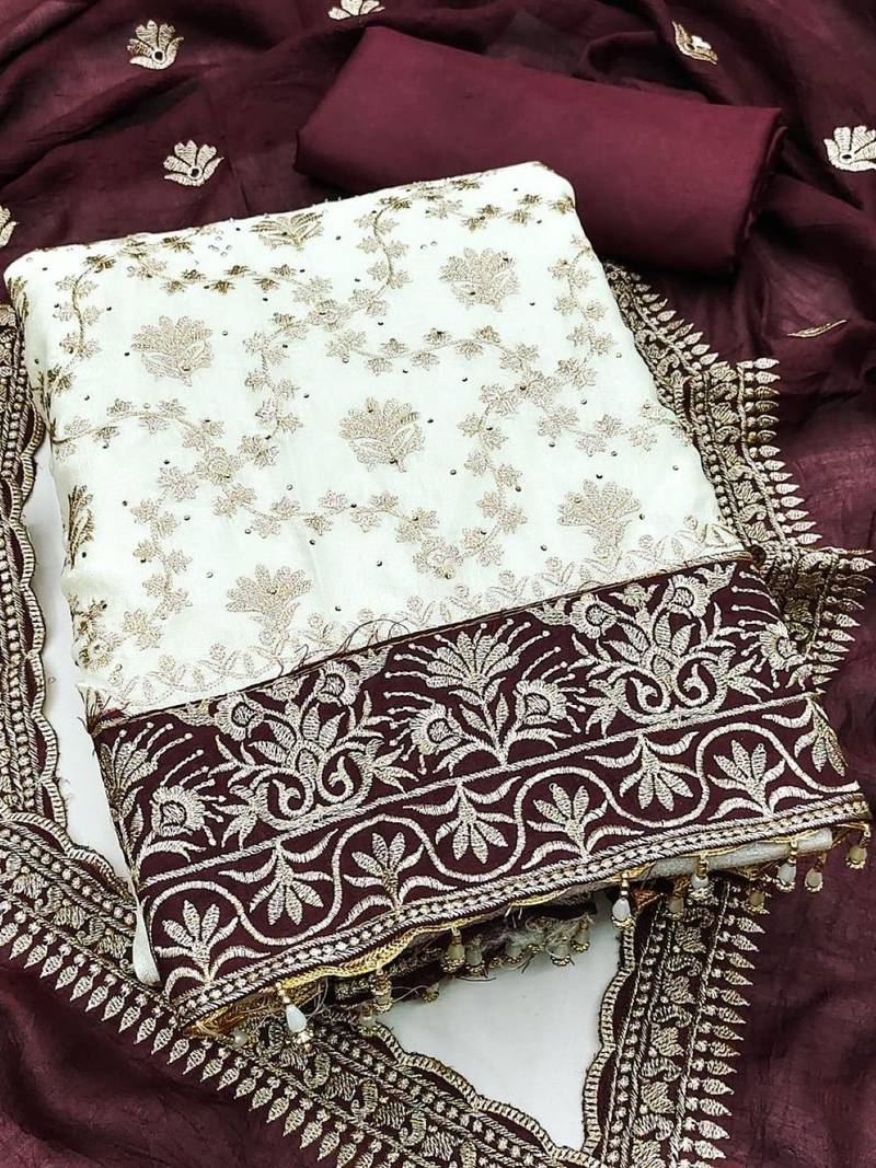 Women Silk Blend Embroidered Dress Material