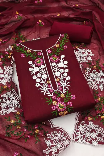 Floral Embroidered Chanderi Unstitched Dress Material
