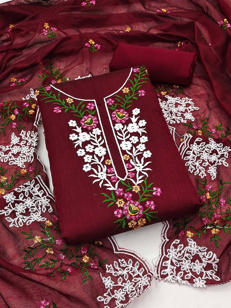 Floral Embroidered Chanderi Unstitched Dress Material
