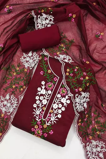 Floral Embroidered Chanderi Unstitched Dress Material