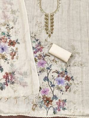 embellished linen semi-stitched dress material 2