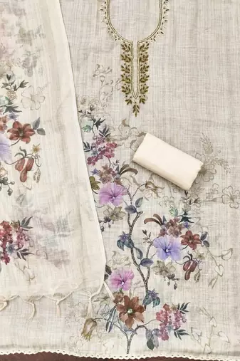 embellished linen semi-stitched dress material
