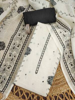 embellished linen semi-stitched dress material 3