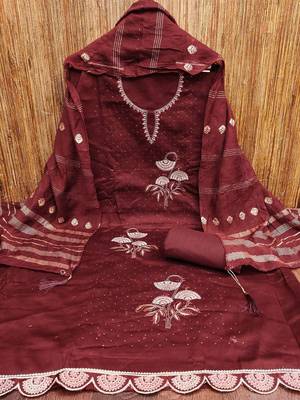 floral embroidered embellished satin cotton unstitched dress material 3