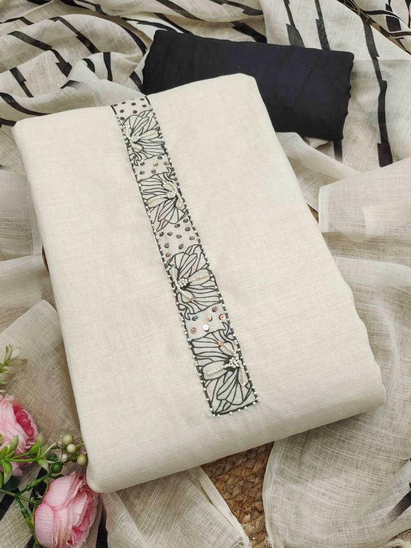 Embellished Linen Semi-Stitched Dress Material