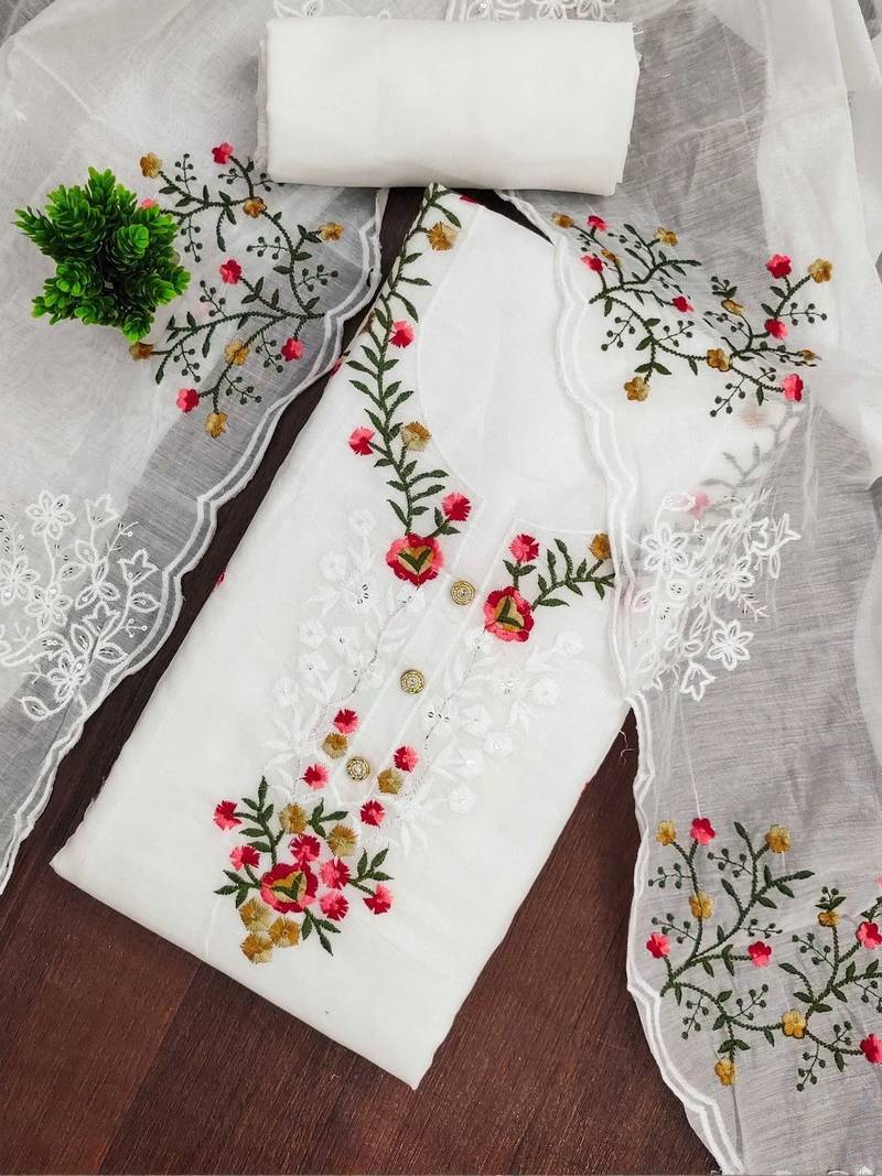Women Cotton Blend Embroidered Dress Material