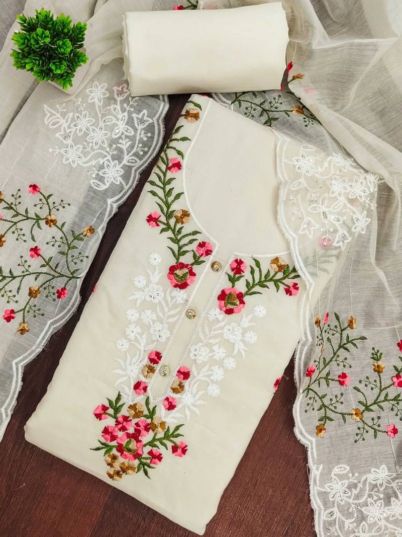 Women Cotton Blend Embroidered Dress Material