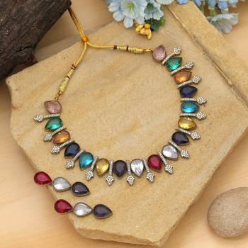 Vibrant gemstone multi color american diamond necklace set for elegant wedding guest wear 1