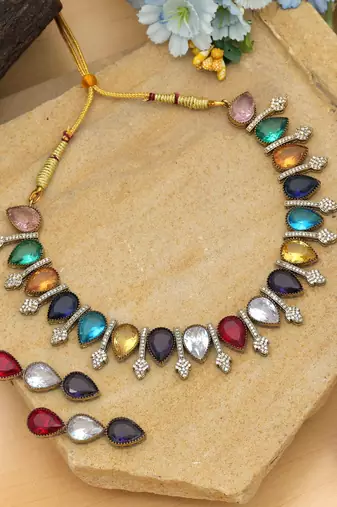 Vibrant gemstone multi color american diamond necklace set for elegant wedding guest wear