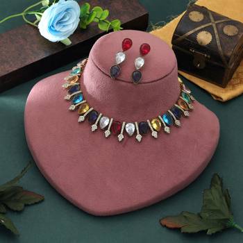 Vibrant gemstone multi color american diamond necklace set for elegant wedding guest wear 2