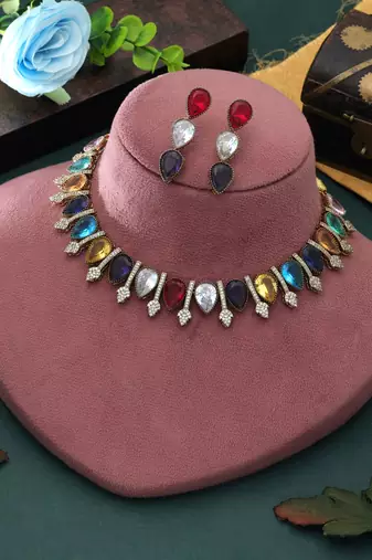 Vibrant gemstone multi color american diamond necklace set for elegant wedding guest wear