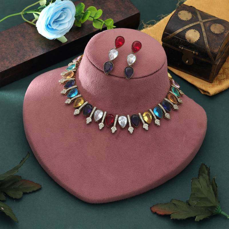 Vibrant gemstone multi color american diamond necklace set for elegant wedding guest wear
