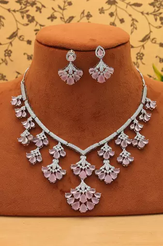 Charming rose pink color american diamond necklace set tailored for festive celebrations