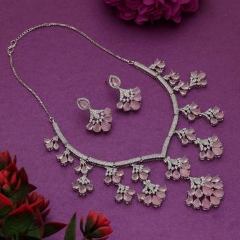 Charming rose pink color american diamond necklace set tailored for festive celebrations 2