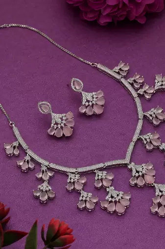 Charming rose pink color american diamond necklace set tailored for festive celebrations