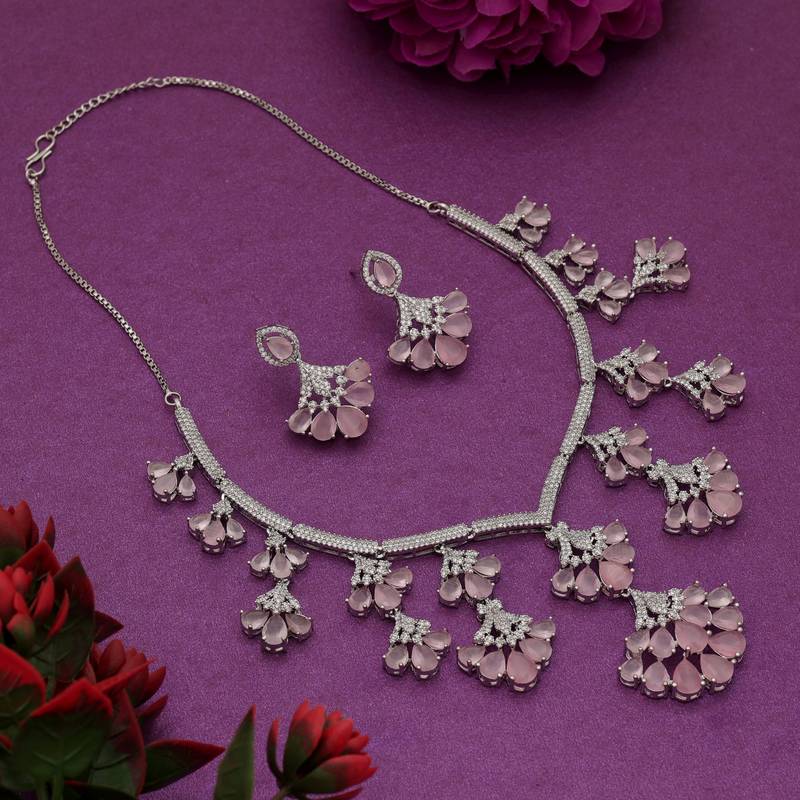 Charming rose pink color american diamond necklace set tailored for festive celebrations