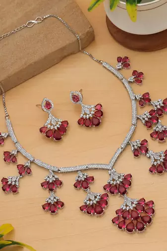 Vivid royal rani color american diamond necklace set ideal for grand wedding ceremonies