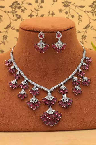 Vivid royal rani color american diamond necklace set ideal for grand wedding ceremonies