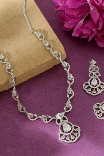 Pristine sterling silver color american diamond necklace set suitable for contemporary dresses