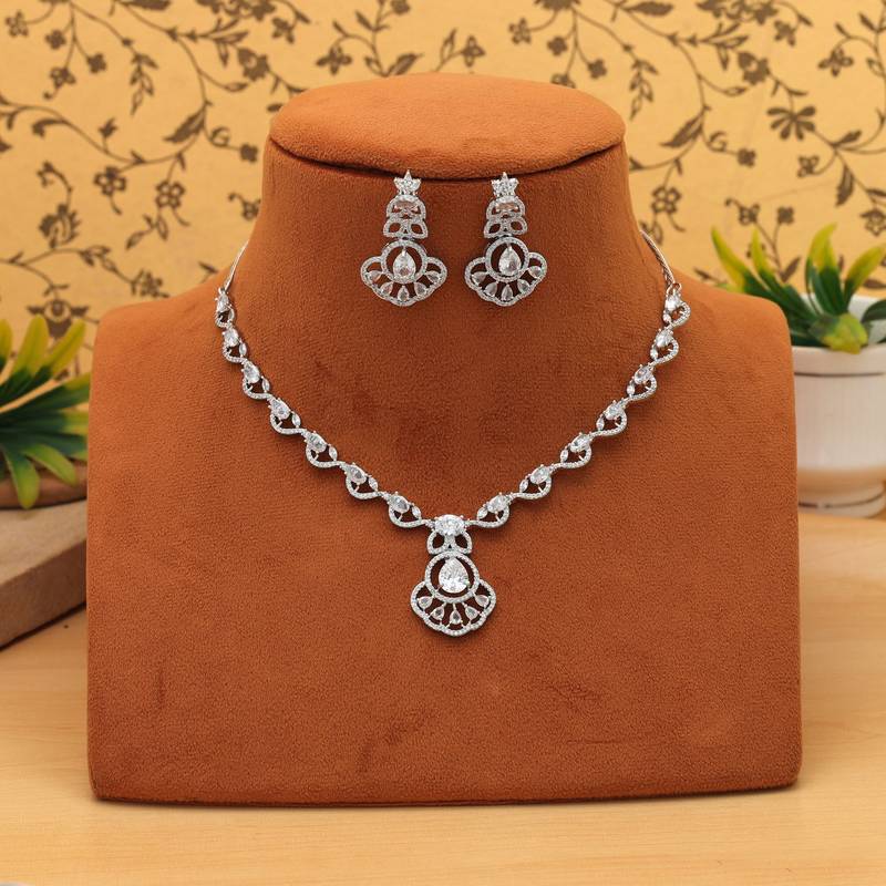 Pristine sterling silver color american diamond necklace set suitable for contemporary dresses