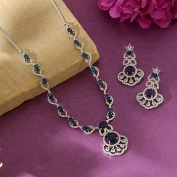 Majestic sapphire blue color american diamond necklace set for special occasion attire 1
