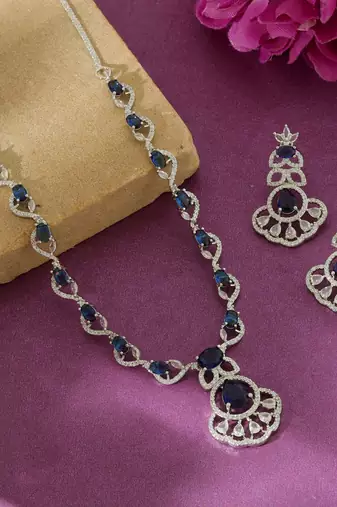 Majestic sapphire blue color american diamond necklace set for special occasion attire