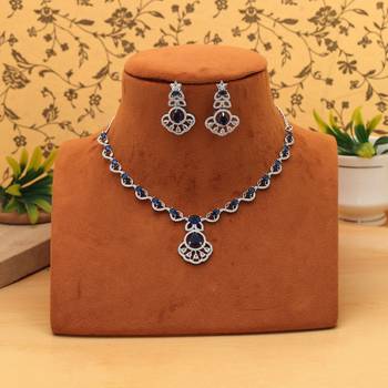 Majestic sapphire blue color american diamond necklace set for special occasion attire 2