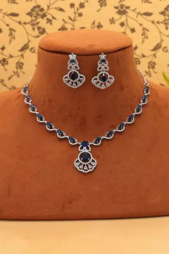 Majestic sapphire blue color american diamond necklace set for special occasion attire